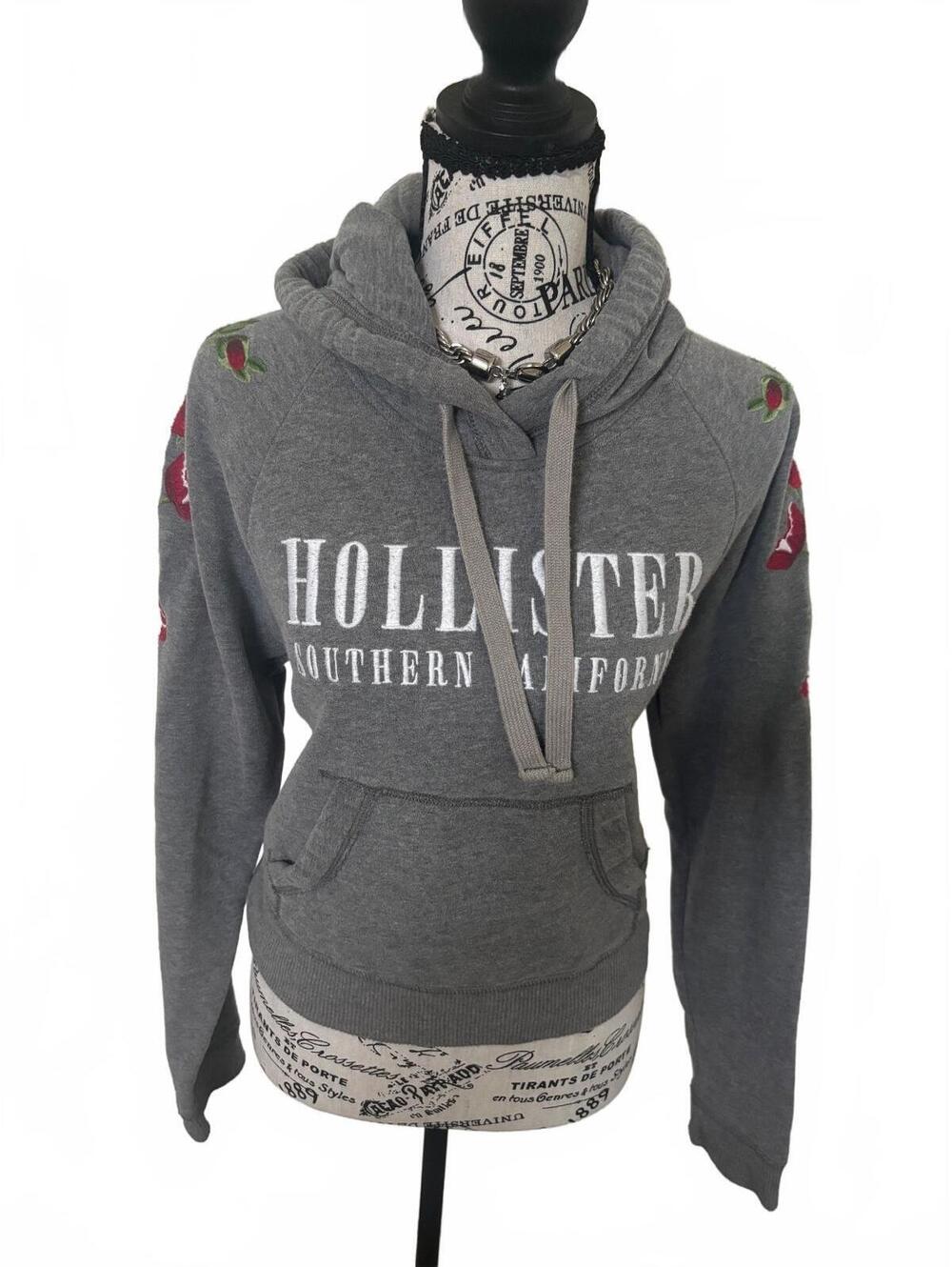 Hollister Floral Embroidered Hoodie Gray Size S Y2K Coquette